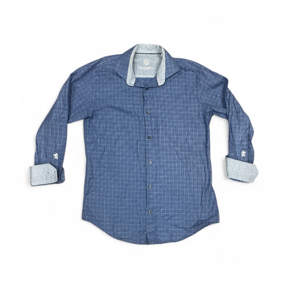 Bugatchi Uomo Blue Windowpane Check Dress Button Up Shirt Floral Cuffs 32/33, 15